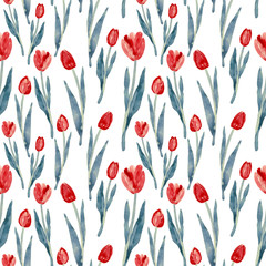 Watercolor pattern of tulip. Hand drawn illustration isolated on white background. Elegant and delicate print of flowers.
