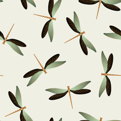 Dragonfly decorative seamless pattern. Spring dress textile print with flying adder insects. Flying 