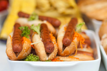 Street food. Hot dogs close up with blurry background. On the street in the city.