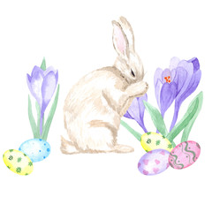 Watercolor illustration of an easter bunny and spring flowers with easter eggs. Suitable for the design of printing, textile products,souvenir products, patterns for embroidery, decoupage,scrapbooking