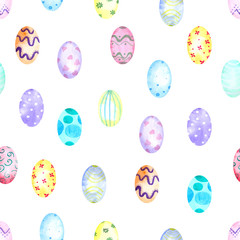 Watercolor seamless pattern with easter eggs. Perfect for decorating holiday design in textile products, printing, souvenir products, web sites and other fields of application.