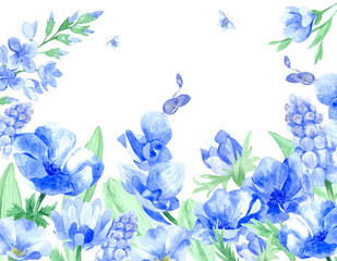 Fototapeta na wymiar Watercolor background of garden blue flowers. Great for decorating invitations, cards, calendars, digital wallpapers, photo albums and other creative projects.