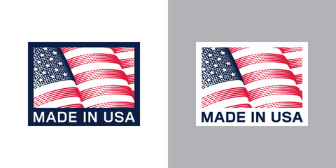 Made in USA (United States of America). Composition with American flag for label, sticker, pin, etc. Variants for light and dark backgrounds.