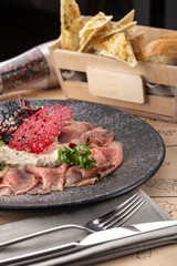 prosciutto. Sliced cold cuts. Mix of sliced meat. cold meat plate. Close up