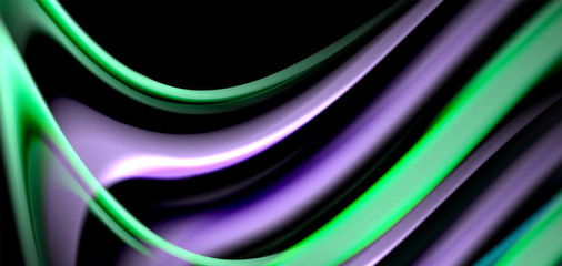 Abstract silk smooth lines on black, multicolored liquid fluid rainbow style waves on black