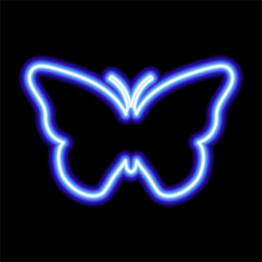 blue neon sign of butterfly on black background