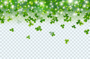 Fototapeta Shamrock falling leaves with lights isolated on transparent background. Green irish symbol Good Luck. Vector clover pattern for Saint Patrick's Day holiday greeting card design. obraz