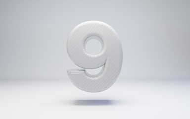 White carbon fiber number 9 isolated on white. 3D rendered white glossy carbon digits for posters, advertisements, banners.