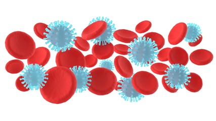 Virus in blood. Coronavirus in blood. Concept illustration. Blood cells and coronavirus isolated on white background. 3D-rendering.