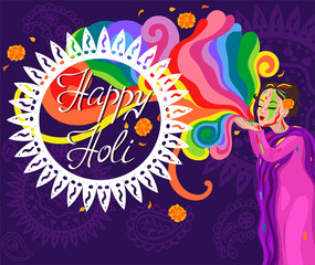 Happy Holi Congratulation. Banner with an indian woman. Vector graphics.