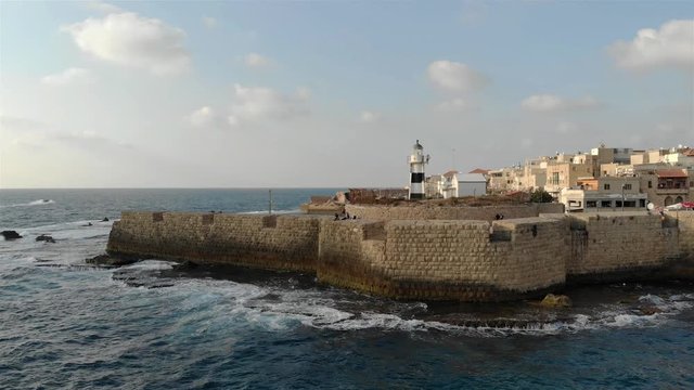 Aerial footage over the Old City of Acre and the Mediterranean Sea Drone view over the Old City of Acre and the Mediterranean Sea 