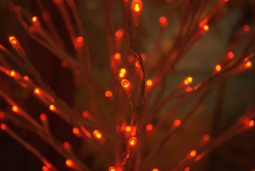 Pinpoints of soft red lights at the tips of a Christmas tree.