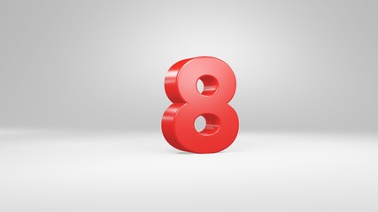 Number 8 in red on white background, isolated glossy number 3d render