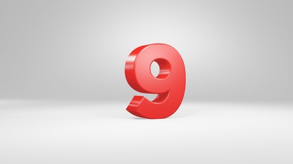 Number 9 in red on white background, isolated glossy number 3d render