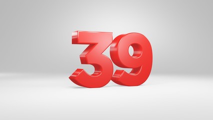 Number 39 in red on white background, isolated glossy number 3d render