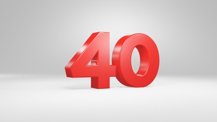 Number 40 in red on white background, isolated glossy number 3d render