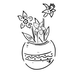 Spring garden flowers. Vector illustration of garden flowers in a pot. Hand drawn spring flowers in a pot.