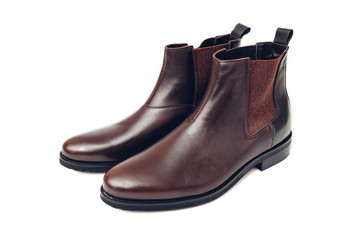 Shoes, chelsea leather boots for men. Male winter, autumn or spring fashion. Footwear isolated on white background. Sale