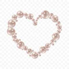 Heart shape frame painting isolated on transparent background. Pearl chains. Realistic white pearls. 