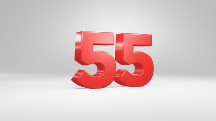 Number 55 in red on white background, isolated glossy number 3d render