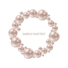 Pearl beads frame on a gray background. Jewelry bracelet, necklace. Wedding invitation white pearls background. Vector illustration. eps 10