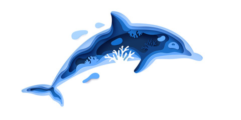 Paper art dolphin silhouette underwater ocean environment concept . Paper cut sea background with dolphin, waves and coral reefs. Save the ocean and ecology idea concept. Craft vector illustration © janevasileva
