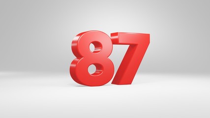 Number 87 in red on white background, isolated glossy number 3d render