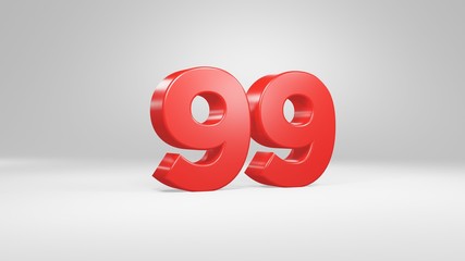 Number 99 in red on white background, isolated glossy number 3d render