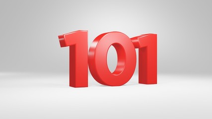 Number 101 in red on white background, isolated glossy number 3d render