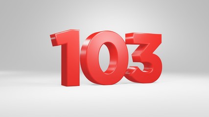 Number 103 in red on white background, isolated glossy number 3d render