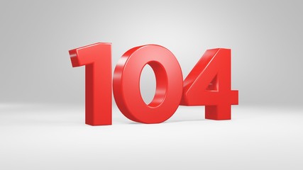 Number 104 in red on white background, isolated glossy number 3d render