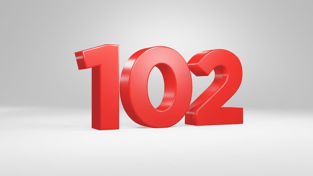 Number 102 in red on white background, isolated glossy number 3d render