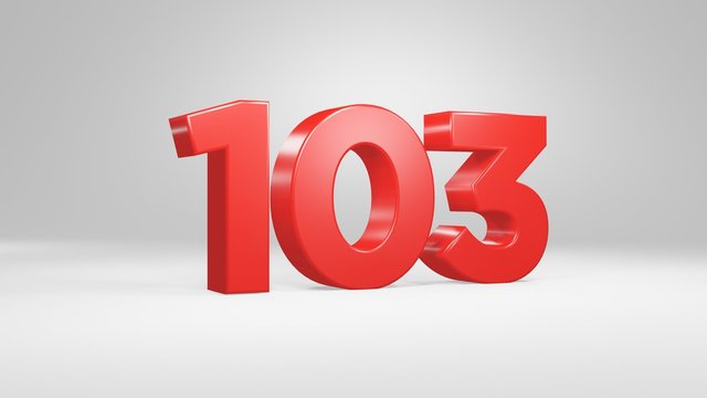 Number 103 in red on white background, isolated glossy number 3d render