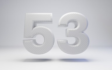 White carbon fiber number 53 isolated on white. 3D rendered white glossy carbon digits for posters, advertisements, banners.