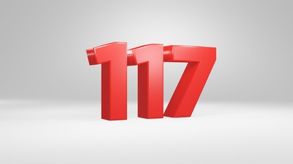 Number 117 in red on white background, isolated glossy number 3d render