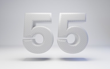 White carbon fiber number 55 isolated on white. 3D rendered white glossy carbon digits for posters, advertisements, banners.