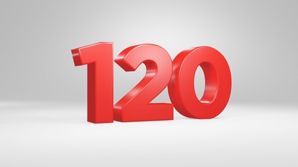 Number 120 in red on white background, isolated glossy number 3d render