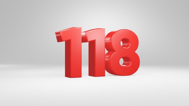 Number 118 in red on white background, isolated glossy number 3d render