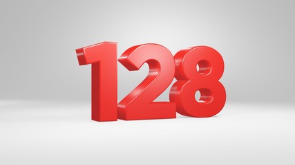 Number 128 in red on white background, isolated glossy number 3d render