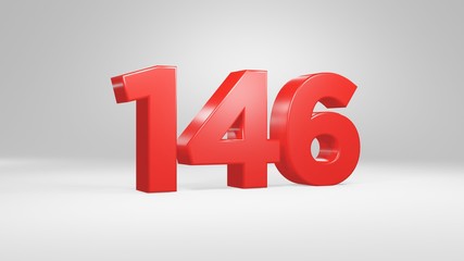 Number 146 in red on white background, isolated glossy number 3d render