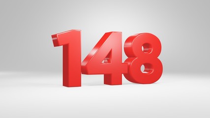 Number 148 in red on white background, isolated glossy number 3d render