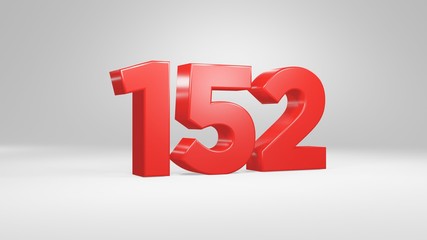 Number 152 in red on white background, isolated glossy number 3d render