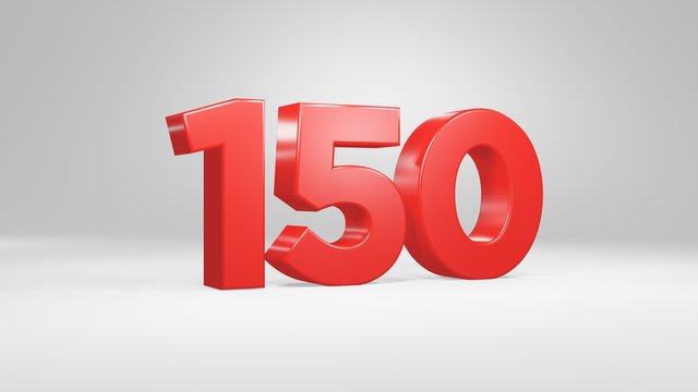 Number 150 in red on white background, isolated glossy number 3d render