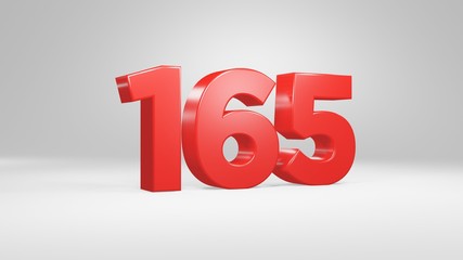 Number 165 in red on white background, isolated glossy number 3d render