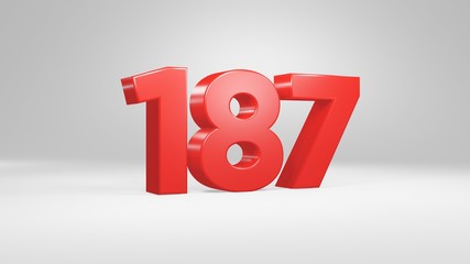 Number 187 in red on white background, isolated glossy number 3d render