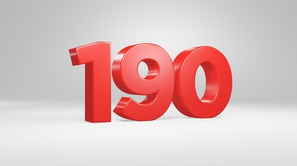 Number 190 in red on white background, isolated glossy number 3d render