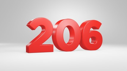 Number 206 in red on white background, isolated glossy number 3d render