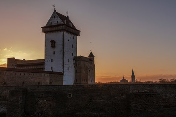 Dramatic beautiful sunrise over a medieval castle