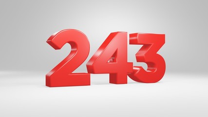 Number 243 in red on white background, isolated glossy number 3d render