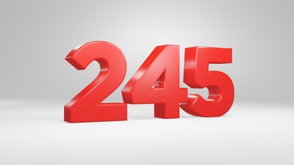 Number 245 in red on white background, isolated glossy number 3d render